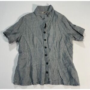 FLAX Short Sleeve Striped Button Up Top Shirt 100% Linen Size Small
